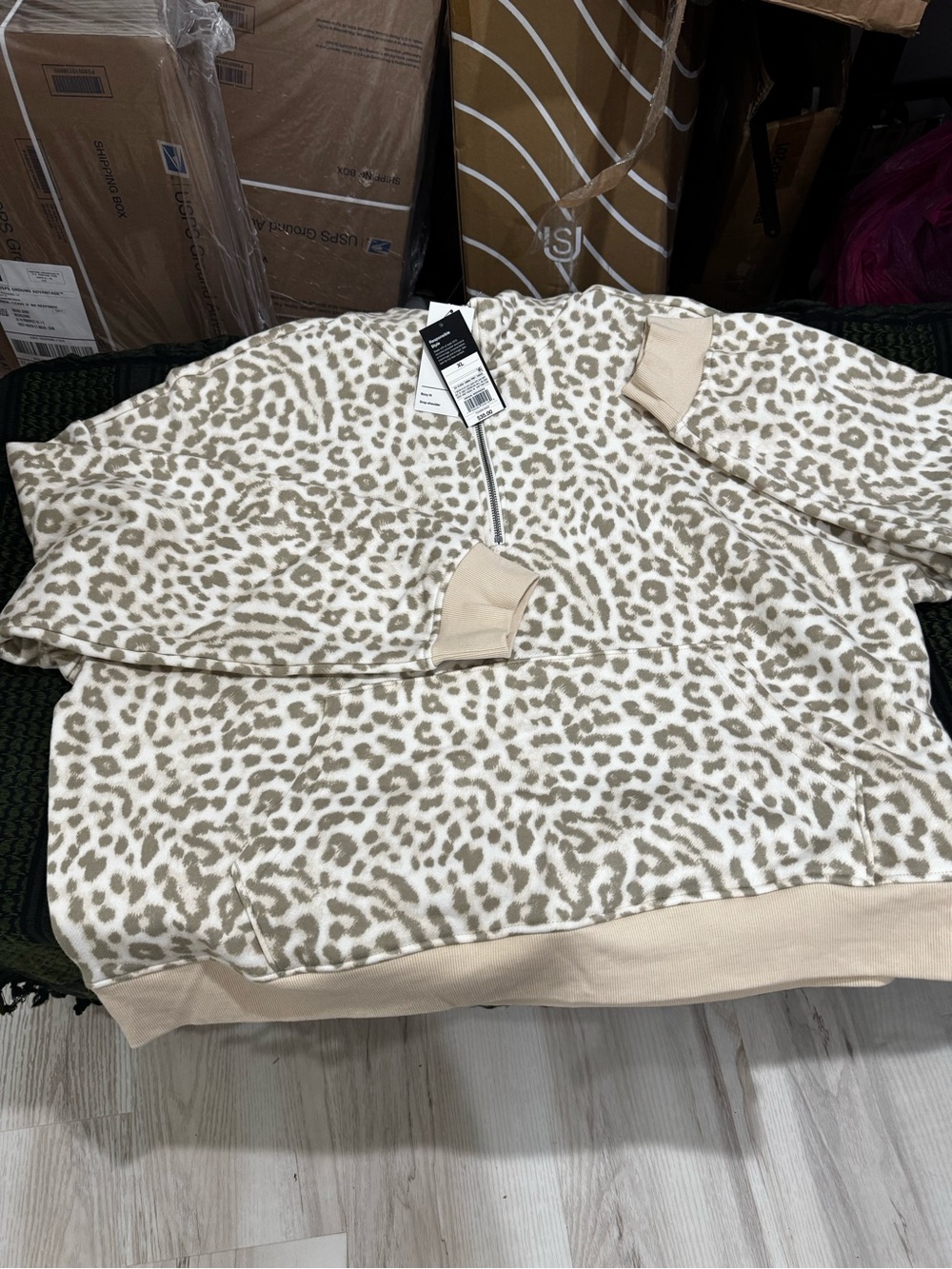 Original Use Beige and White Leopard Half-Zip Teddy Sweatshirt